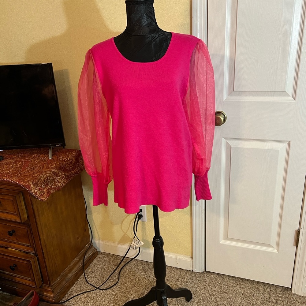 Jodi Kristopher Vibrant Pink Blouse with Sheer Sleeves